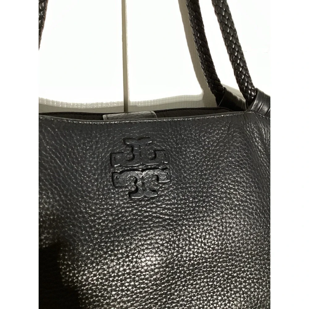 Tory Burch Marion Black Leather Slouchy Tote Bag Braided Handles